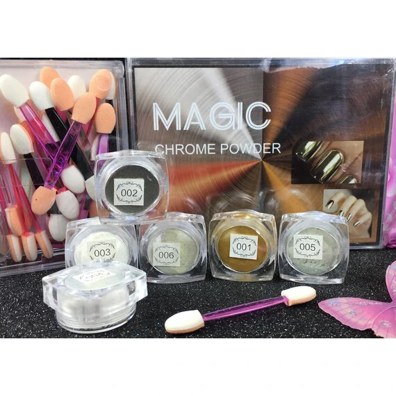 MAGIC MIRROR LIGHT COLORS CHROME POWDERS 6 PCS KIT WITH SPONGE STICKS MGP20